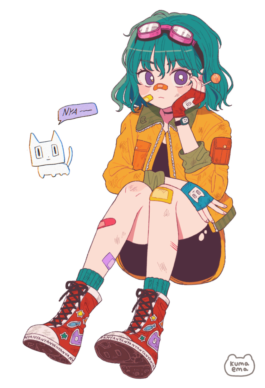 1girl, aqua_hair, asymmetrical_gloves, bandaid, bandaid_on_face, bandaid_on_knee, bandaid_on_leg, bandaid_on_nose