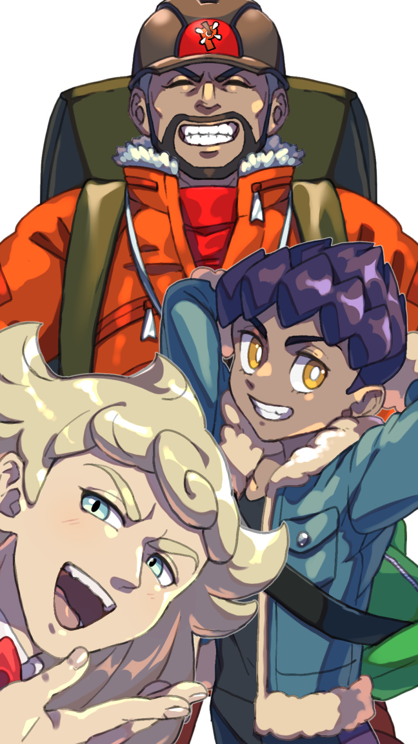 3boys, :d, arms_behind_head, backpack, bag, bangs, black_shirt, blonde_hair