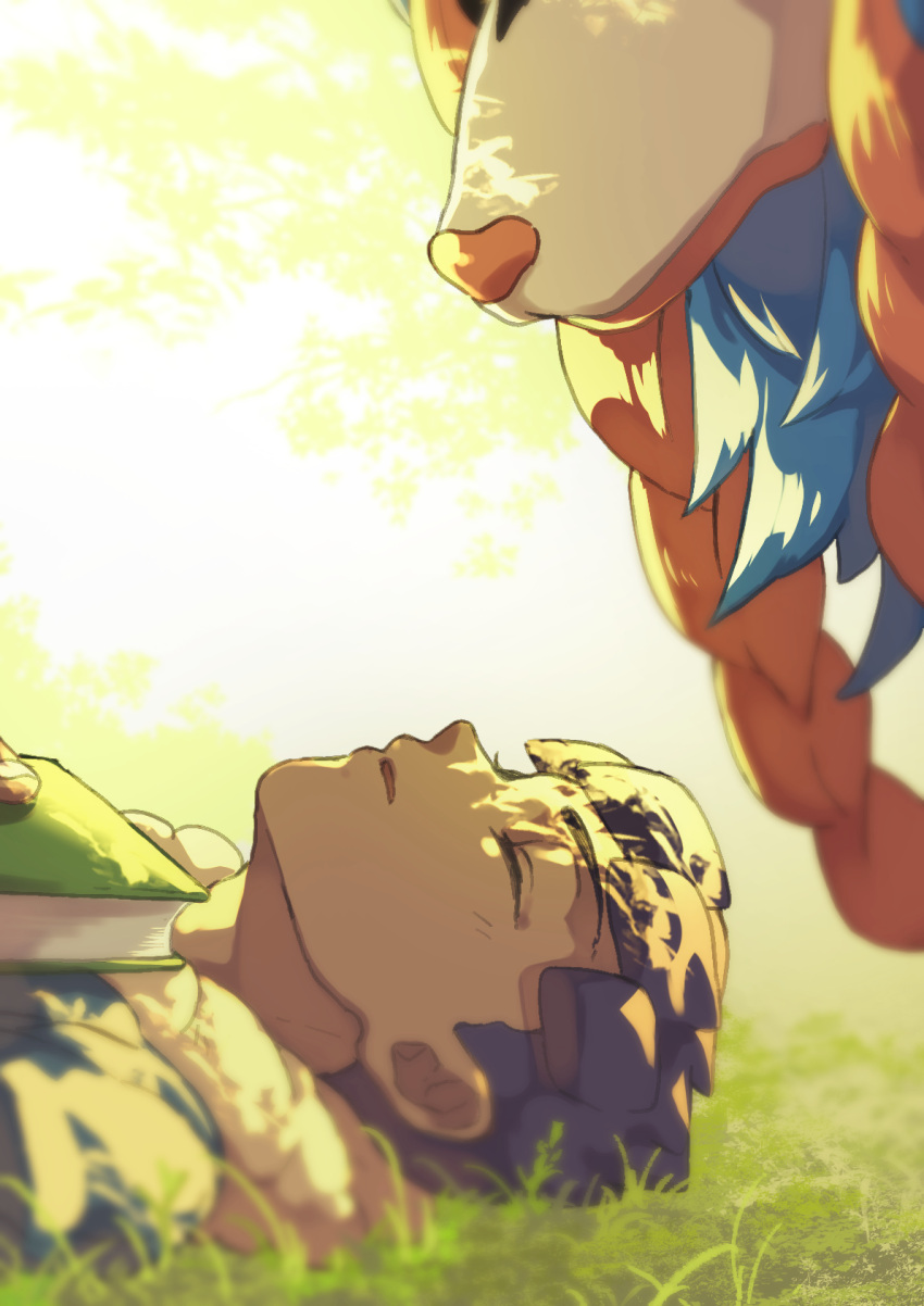1boy, blue_jacket, blurry, book, closed_eyes, commentary_request, dark-skinned_male, dark_skin, day, eyelashes, from_side, fur-trimmed_jacket, fur_trim, gen_8_pokemon, grass, highres, hop_(pokemon), jacket, komame_(st_beans), legendary_pokemon, lying, male_focus, on_back, outdoors, pokemon, pokemon_(creature), pokemon_(game), pokemon_swsh, purple_hair, short_hair, zacian, zacian_(hero)