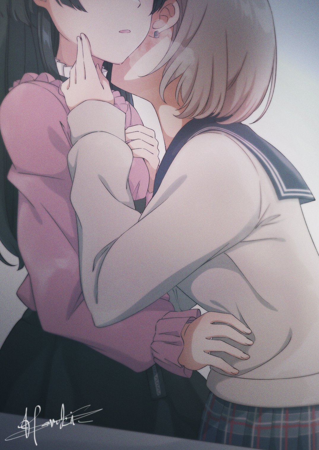 2girls, artist_name, breath, ear_piercing, earrings, hand_on_another's_cheek, hand_on_another's_face, hand_on_own_chest