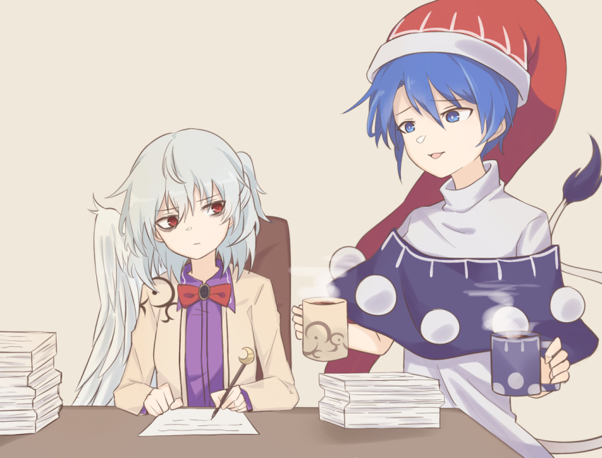 2girls, bags_under_eyes, bangs, beige_jacket, black_dress, blue_eyes, blue_hair, bow