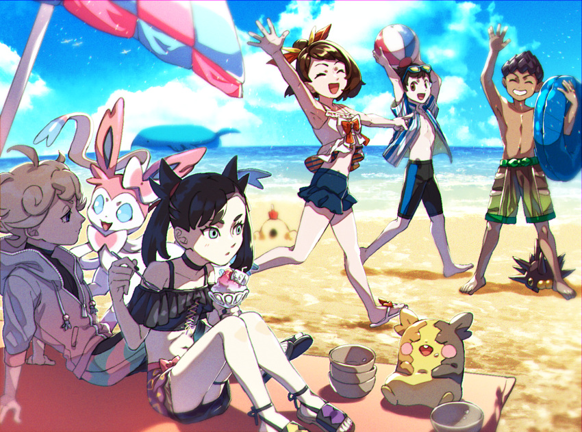 2girls, 3boys, :d, ahoge, alternate_costume, arm_support, arm_up, asymmetrical_bangs, bangs, barefoot, beach, beach_towel, beach_umbrella, bede_(pokemon), black_choker, black_hair, black_nails, black_shirt, blonde_hair, blurry, bob_cut, bow, bowl, brown_eyes, brown_hair, choker, closed_eyes, clouds, collarbone, commentary_request, curly_hair, dark-skinned_male, dark_skin, day, eiscue, eiscue_(ice), eyelashes, food, food_on_face, gen_3_pokemon, gen_6_pokemon, gen_7_pokemon, gen_8_pokemon, gloria_(pokemon), green_eyes, grin, hair_ribbon, highres, holding, holding_innertube, holding_spoon, hood, hoodie, hop_(pokemon), innertube, komame_(st_beans), leaning_back, male_swimwear, marnie_(pokemon), midriff, morpeko, morpeko_(full), multiple_boys, multiple_girls, nail_polish, navel, off-shoulder_shirt, off_shoulder, open_clothes, open_mouth, open_shirt, outdoors, pincurchin, pokemon, pokemon_(creature), pokemon_(game), pokemon_swsh, red_ribbon, ribbon, sand, sandals, sandygast, shaved_ice, shirt, short_hair, shorts, sitting, sky, smile, spoon, standing, swim_trunks, sylveon, teeth, themed_object, toes, tongue, towel, umbrella, victor_(pokemon), wailord, water, white_footwear, zipper