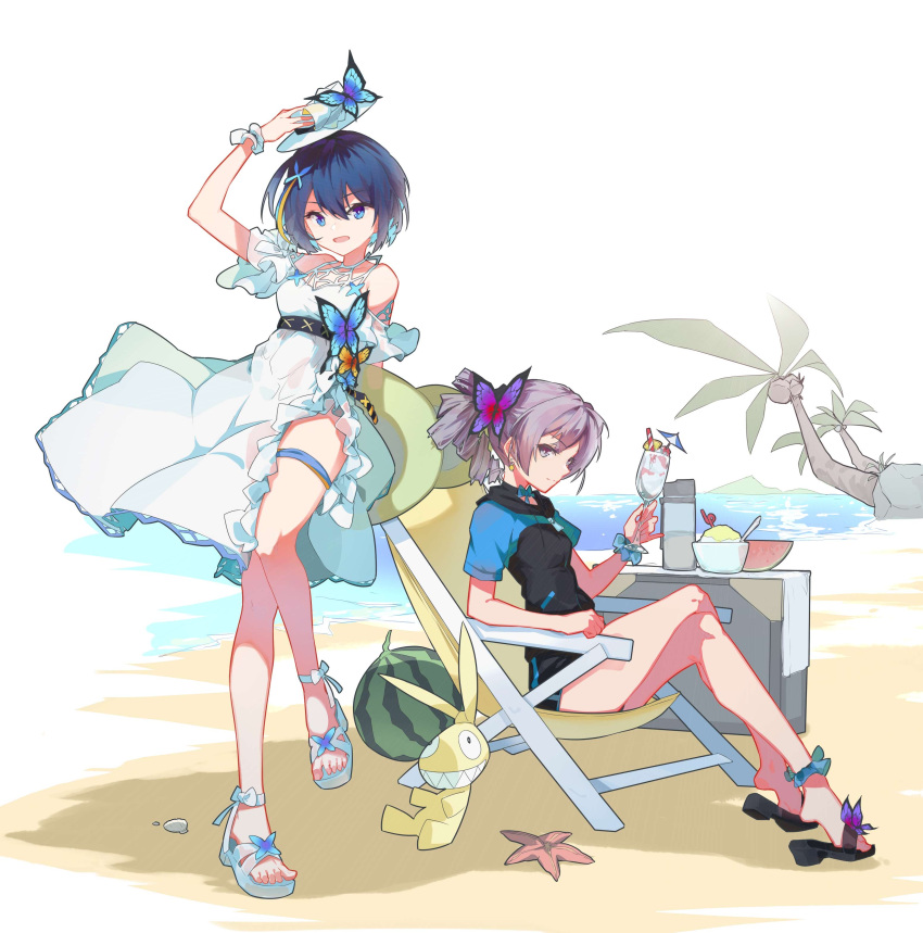 2girls, :d, absurdres, bangs, bare_shoulders, beach, beach_chair, black_hoodie, black_shorts, blue_eyes, blue_hair, bowl, bronya_zaychik, closed_mouth, cup, doll, dress, food, fruit, full_body, grey_eyes, grey_hair, hair_between_eyes, hair_ornament, hat, highres, holding, holding_clothes, holding_cup, holding_hat, homu_(honkai_impact), honkai_(series), honkai_impact_3rd, hood, hoodie, ice_cream, linxi, looking_at_viewer, multicolored_hair, multiple_girls, ocean, open_mouth, palm_tree, sand, sandals, seele_vollerei, seele_vollerei_(swallowtail_phantasm), short_sleeves, shorts, sitting, smile, starfish, streaked_hair, summer, summer_uniform, sundress, table, toes, tree, watermelon, white_dress, white_headwear