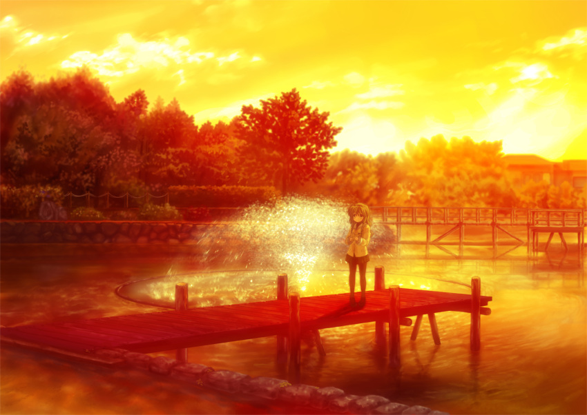 clannad, dock, fountain, ibuki_fuuko, school_uniform, shuushuu, starfish, sunset