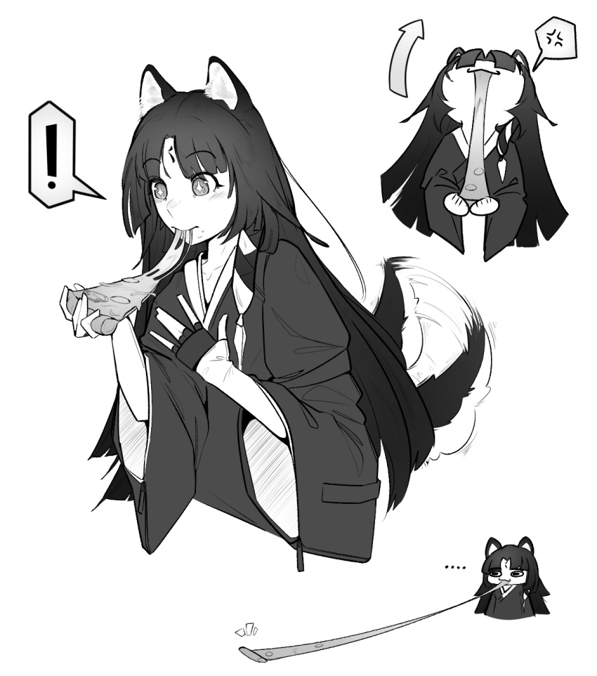 !, ..., 1girl, anger_vein, animal_ears, arknights, blush, dog_ears, dog_tail, facial_mark, fingerless_gloves, food, forehead_mark, gloves, greyscale, highres, japanese_clothes, kimono, long_hair, monochrome, null-3, pizza, saga_(arknights), simple_background, smile, spoken_anger_vein, spoken_exclamation_mark, tail, tail_wagging, white_background