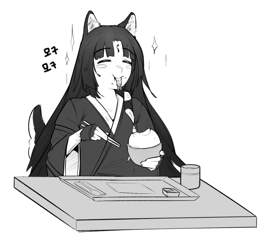 1girl, ^_^, animal_ears, arknights, bangs, blush_stickers, bowl, closed_eyes
