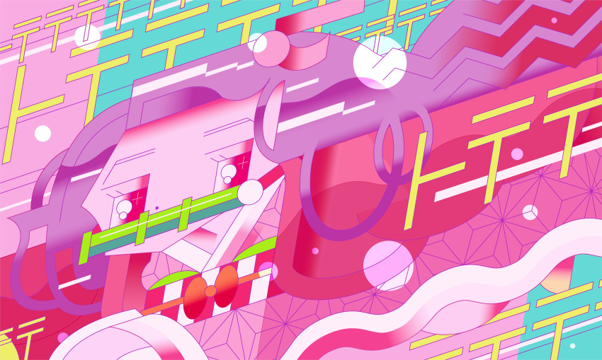 1girl, absurdres, asa_no_ha_(pattern), bamboo, bit_gag, gag, hair_ribbon, highres, japanese_clothes, kamado_nezuko, kimetsu_no_yaiba, kimono, long_hair, pink_eyes, pink_kimono, pink_ribbon, print_kimono, ribbon, rickgraphic, solo