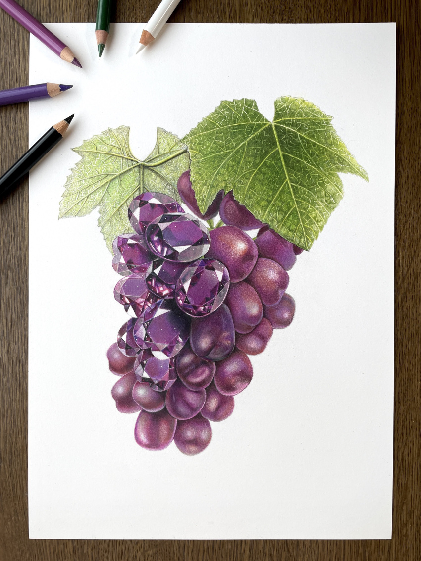 abe_yuichiro, absurdres, amethyst_(gemstone), colored_pencil_(medium), food, fruit, grapes, highres