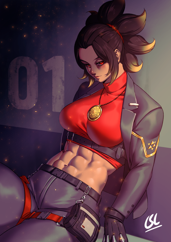 1girl, abs, against_wall, belt_pouch, black_gloves, black_hair, breasts, crest
