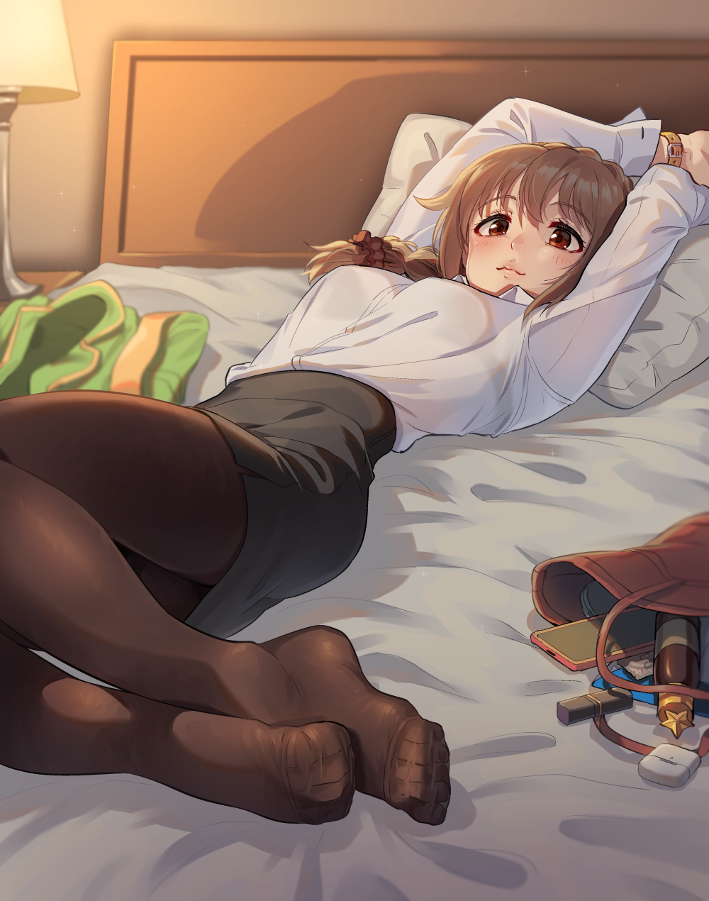 1girl, arms_up, bag, bed, black_legwear, black_scrunchie, black_skirt, braid