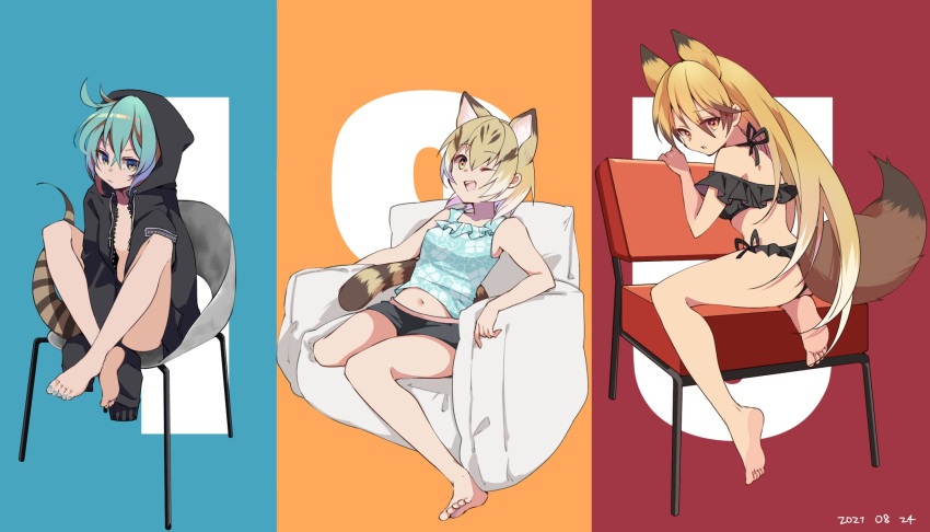 3girls, alternate_costume, animal_ears, bare_legs, barefoot, bikini, black_hoodie, black_shorts, black_swimsuit, blonde_hair, blue_eyes, blue_nails, blue_shirt, casual, cat_ears, cat_girl, cat_tail, chair, commentary_request, crossed_legs, extra_ears, eyebrows_visible_through_hair, ezo_red_fox_(kemono_friends), floral_print, fox_ears, fox_girl, fox_tail, frilled_swimsuit, frills, highres, hood, hood_up, hoodie, kemono_friends, long_hair, long_sleeves, midriff_peek, multicolored_hair, multiple_girls, nail_polish, nanana_(nanana_iz), navel, one_eye_closed, orange_hair, sand_cat_(kemono_friends), shirt, short_hair, short_shorts, shorts, snake_tail, swimsuit, tail, tank_top, tsuchinoko_(kemono_friends), white_hair, yellow_eyes