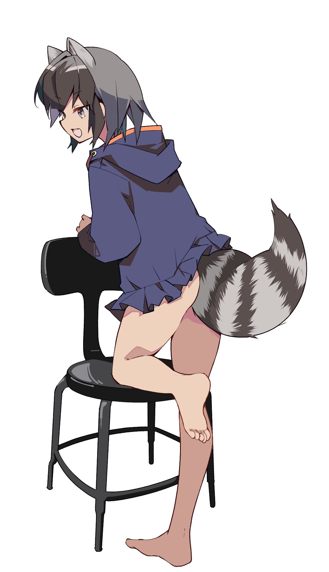 1girl, alternate_costume, animal_ears, bare_legs, barefoot, black_hair, blue_hoodie, blue_skirt