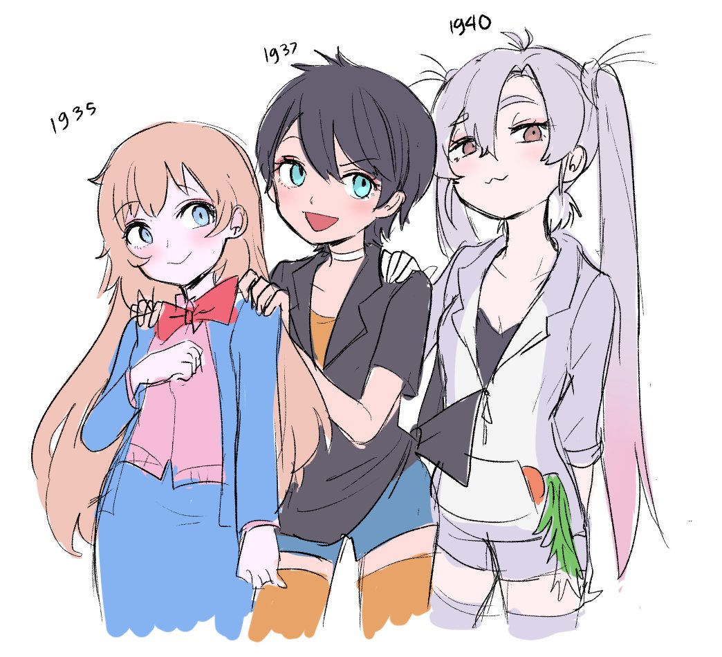 3girls, black_hair, blue_eyes, bow, bowtie, brown_eyes, brown_hair, bugs_bunny
