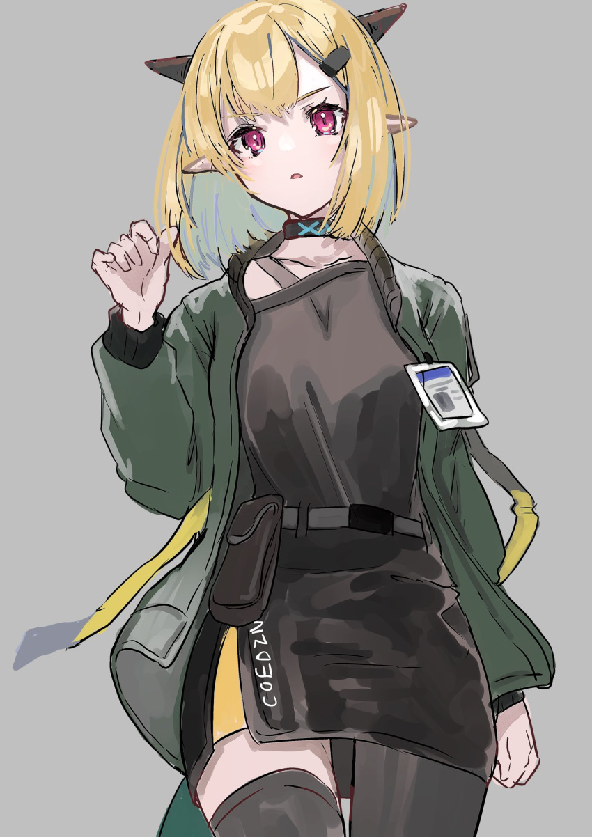 1girl, arknights, asymmetrical_legwear, belt, belt_pouch, black_legwear, black_shirt, collarbone