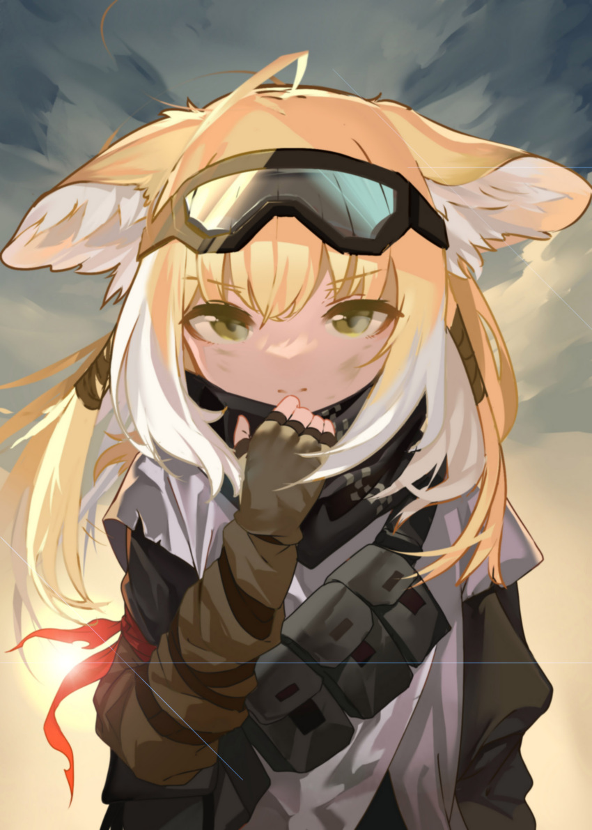 1girl, animal_ear_fluff, animal_ears, arknights, bandana, bangs, blonde_hair, brown_eyes