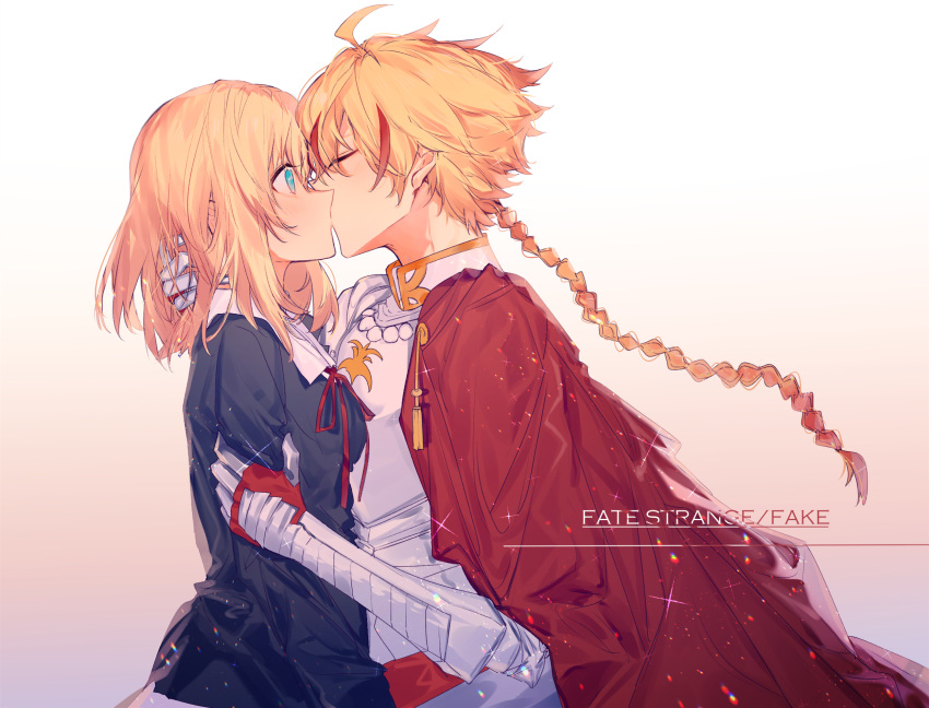 1boy, 1girl, armor, blonde_hair, blue_eyes, braid, breastplate, cape