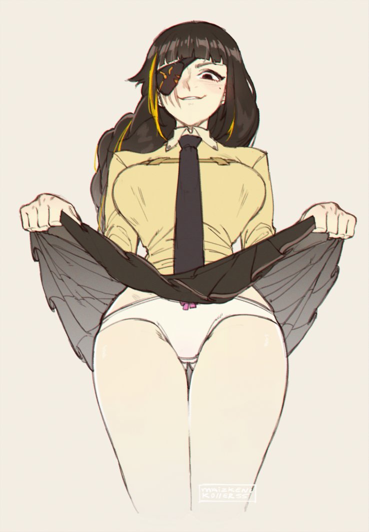 1girl, artist_name, bangs, black_eyepatch, black_eyes, black_hair, black_neckwear, black_skirt