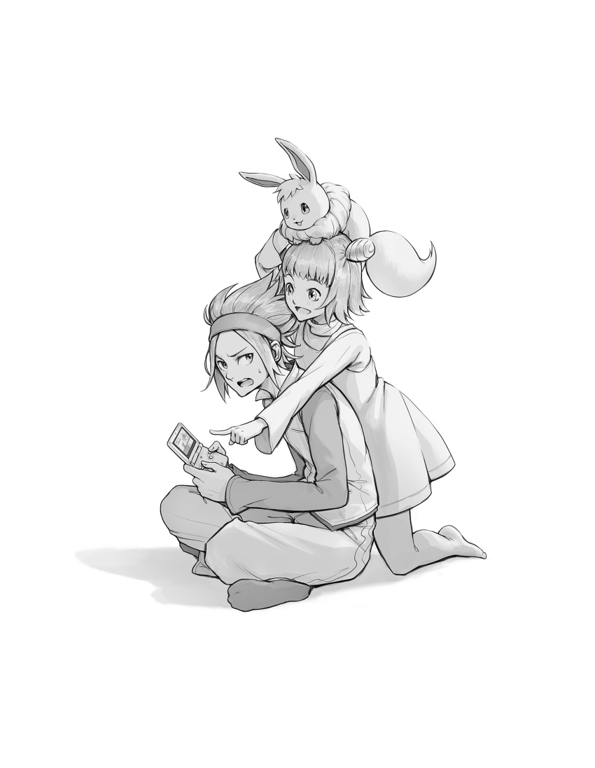 1boy, 1girl, bangs, brother_and_sister, commentary, dress, eevee, game_boy_advance_sp