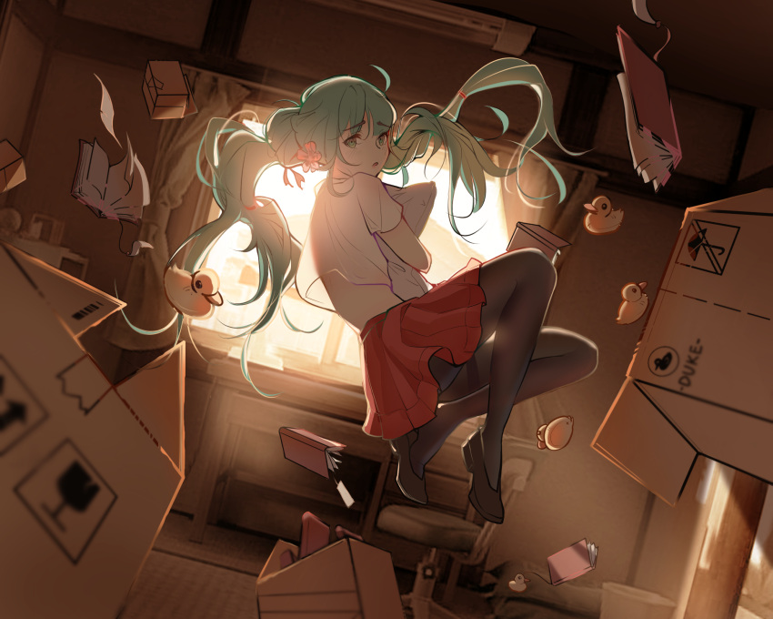 1girl, air_conditioner, backlighting, black_footwear, black_legwear, blue_hair, book, box, cardboard_box, chair, commentary, curtains, desk, eyebrows_visible_through_hair, floating, floating_hair, floating_object, full_body, green_eyes, hatsune_miku, highres, light_blush, long_hair, looking_at_viewer, midair, mudined, office_chair, open_book, pantyhose, parted_lips, pillow, pillow_hug, red_skirt, rubber_duck, shirt, shoes, short_sleeves, skirt, solo, twintails, vocaloid, white_shirt, window