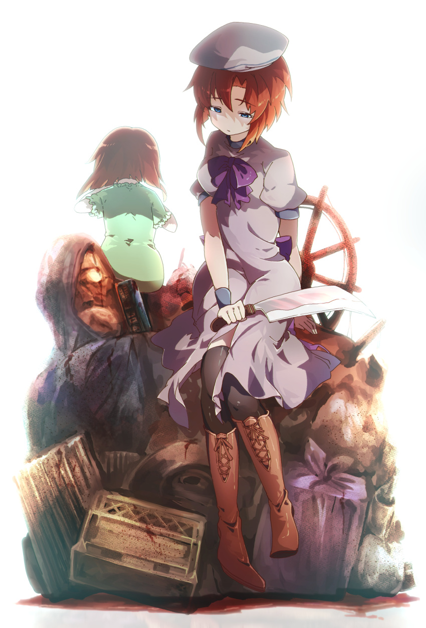 2girls, black_legwear, blue_eyes, boots, brown_footwear, brown_hair, dress, full_body