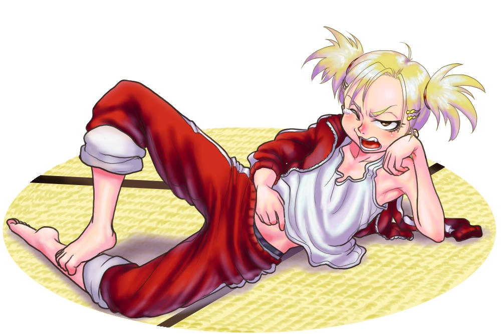 angry, armpits, barefoot, bleach, blonde_hair, blush, boro, boxers