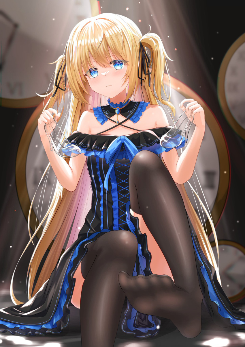 1girl, aki_uzuki3, bangs, black_dress, black_legwear, black_ribbon, blonde_hair, blue_eyes
