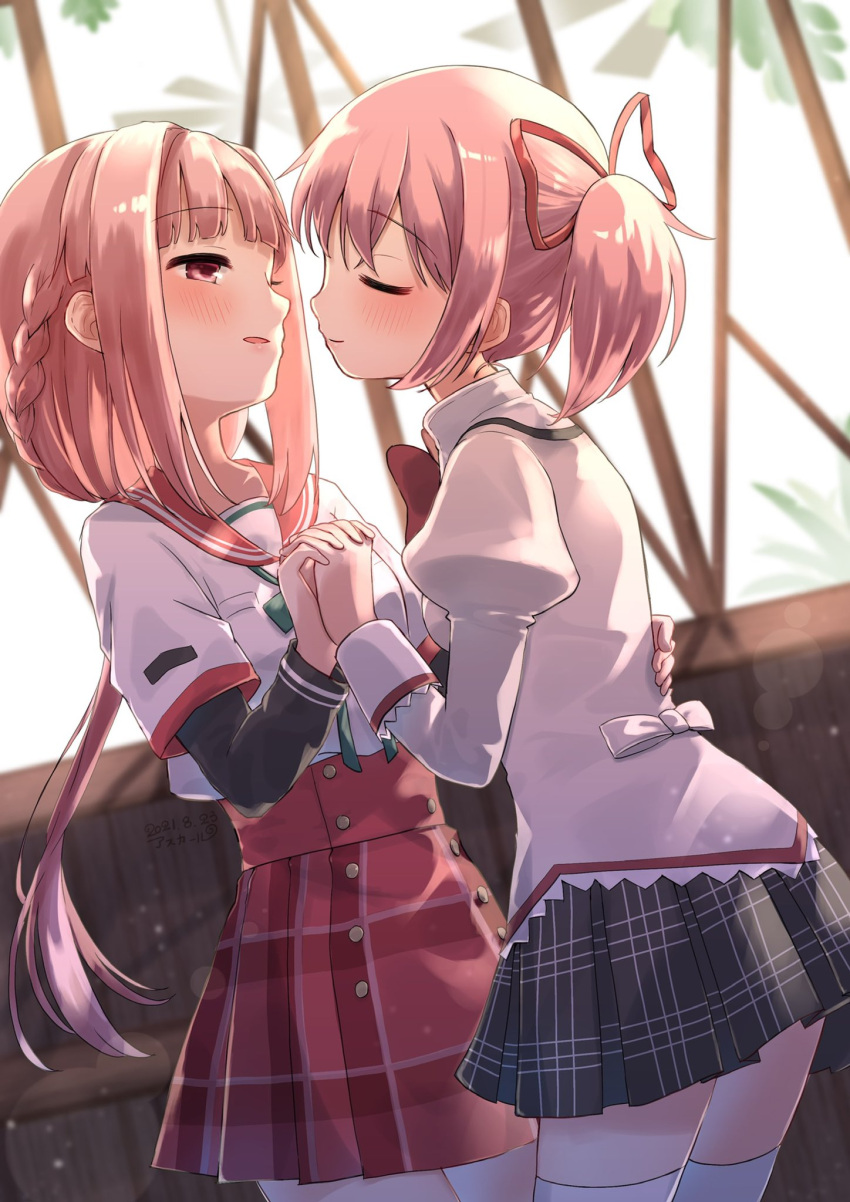 2girls, asukaru_(magika_ru), blush, closed_eyes, closed_mouth, drill_hair, eyebrows_visible_through_hair, eyes_closed