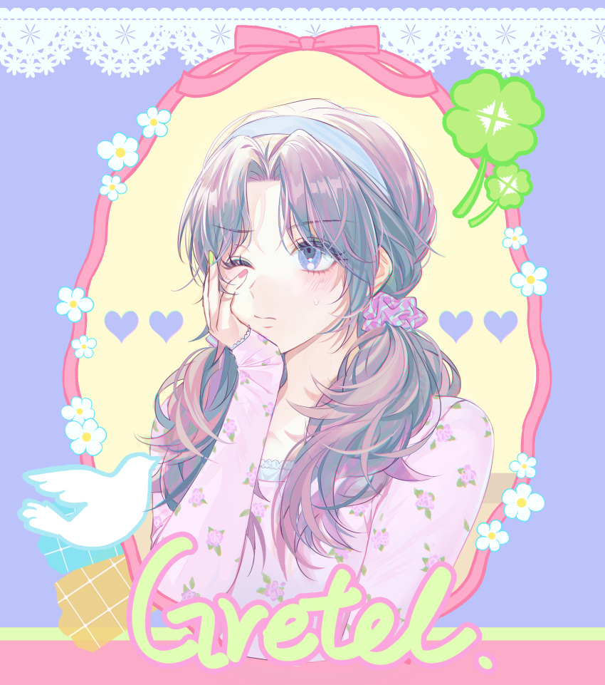 1girl, absurdres, arm_up, blue_eyes, blue_headband, blush, closed_mouth, clothing_request