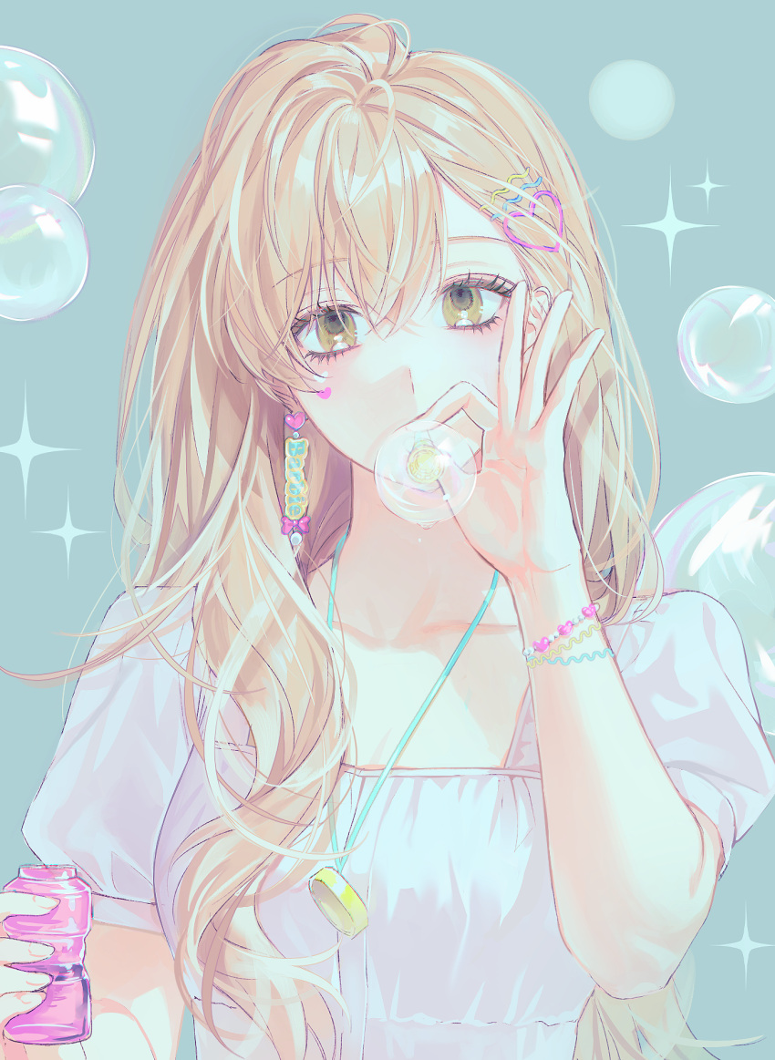 1girl, bangs, blonde_hair, blue_background, bubble, bubble_blowing, bubble_pipe, commentary