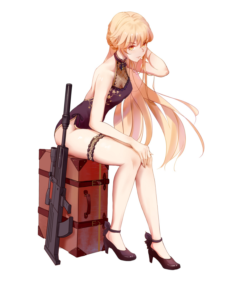 1girl, absurdres, backless_dress, backless_outfit, bangs, bare_arms, black_footwear, blonde_hair