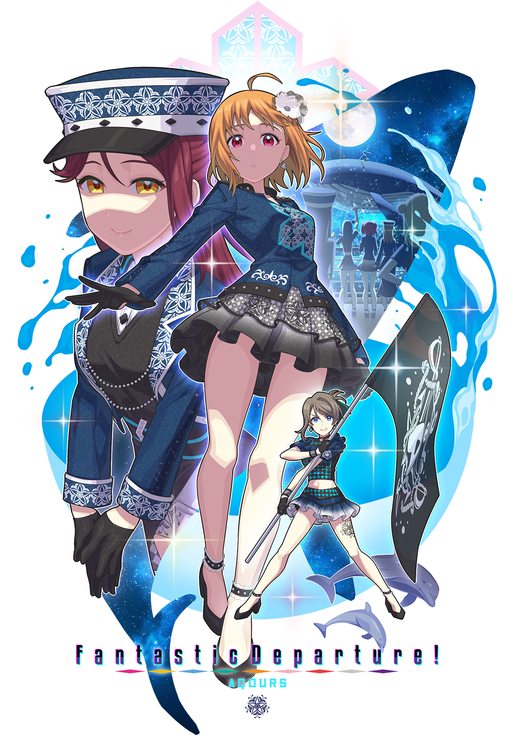 3girls, ahoge, bangs, black_gloves, blue_eyes, breasts, chu_kai_man, commentary_request, dolphin, earrings, english_text, fantastic_departure, flag, flower, gloves, grey_hair, group_picture, group_profile, hair_bun, hair_flower, hair_ornament, hat, highres, jewelry, kunikida_hanamaru, kurosawa_dia, kurosawa_ruby, lineup, looking_at_viewer, love_live!, love_live!_sunshine!!, matsuura_kanan, medium_breasts, moon, multiple_girls, night, night_sky, ohara_mari, orange_hair, ponytail, profile, red_eyes, redhead, sakurauchi_riko, sky, song_name, star_(sky), starry_sky, takami_chika, tsushima_yoshiko, watanabe_you, water, whale, yellow_eyes