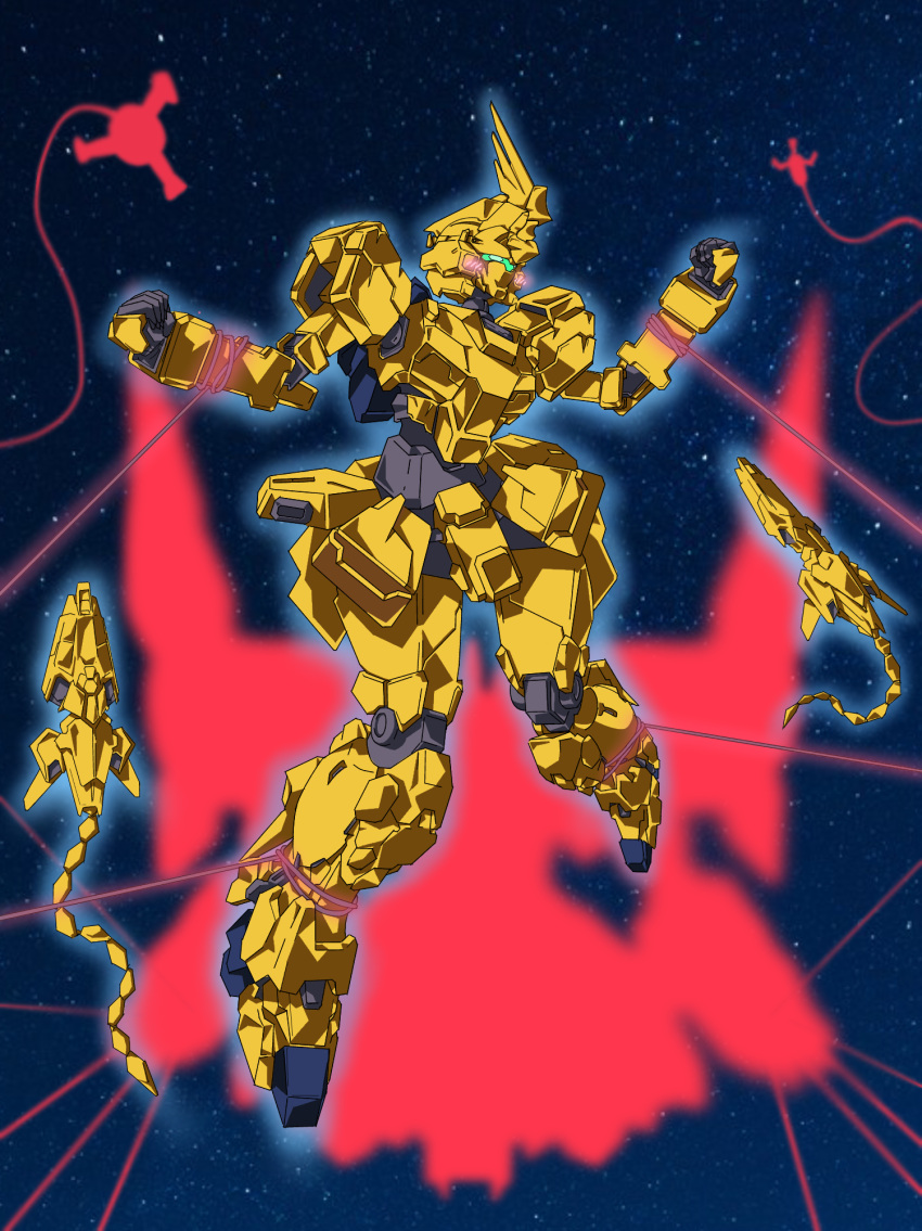 bdsm, blush, bondage, bound, claws, commentary_request, gundam, gundam_narrative, highres, horns, ii_neo_zeong, mecha, mechanical_tail, mobile_suit, nk1109r, no_humans, restrained, rita_bernal, shield, single_horn, space, star_(sky), tail, unicorn_gundam_phenex