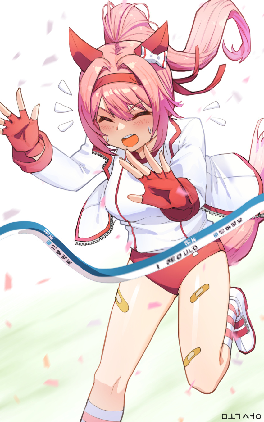 1girl, animal_ears, bandaid, blush, buruma, closed_eyes, commentary_request, fingerless_gloves