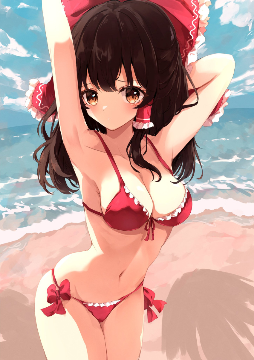 1girl, arms_behind_head, arms_up, bangs, bare_shoulders, beach, bikini, blue_sky