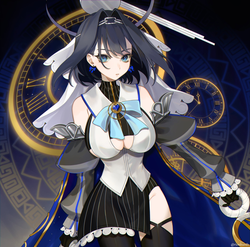 1girl, absurdres, black_gloves, black_hair, blue_eyes, bow, bow_earrings, breasts