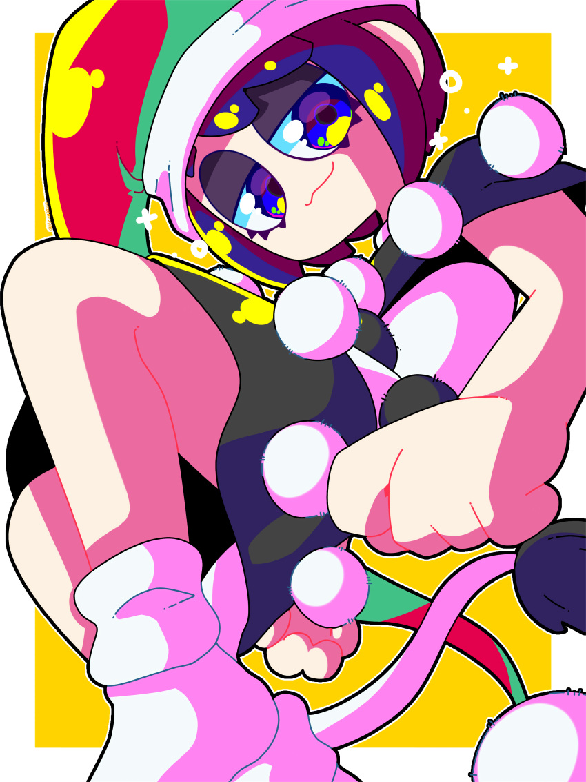 :3, absurdres, akiaki22222, blue_eyes, blue_hair, doremy_sweet, dress, from_below, hat, highres, limited_palette, looking_at_viewer, nightcap, pom_pom_(clothes), tagme, touhou, white_background, yellow_background