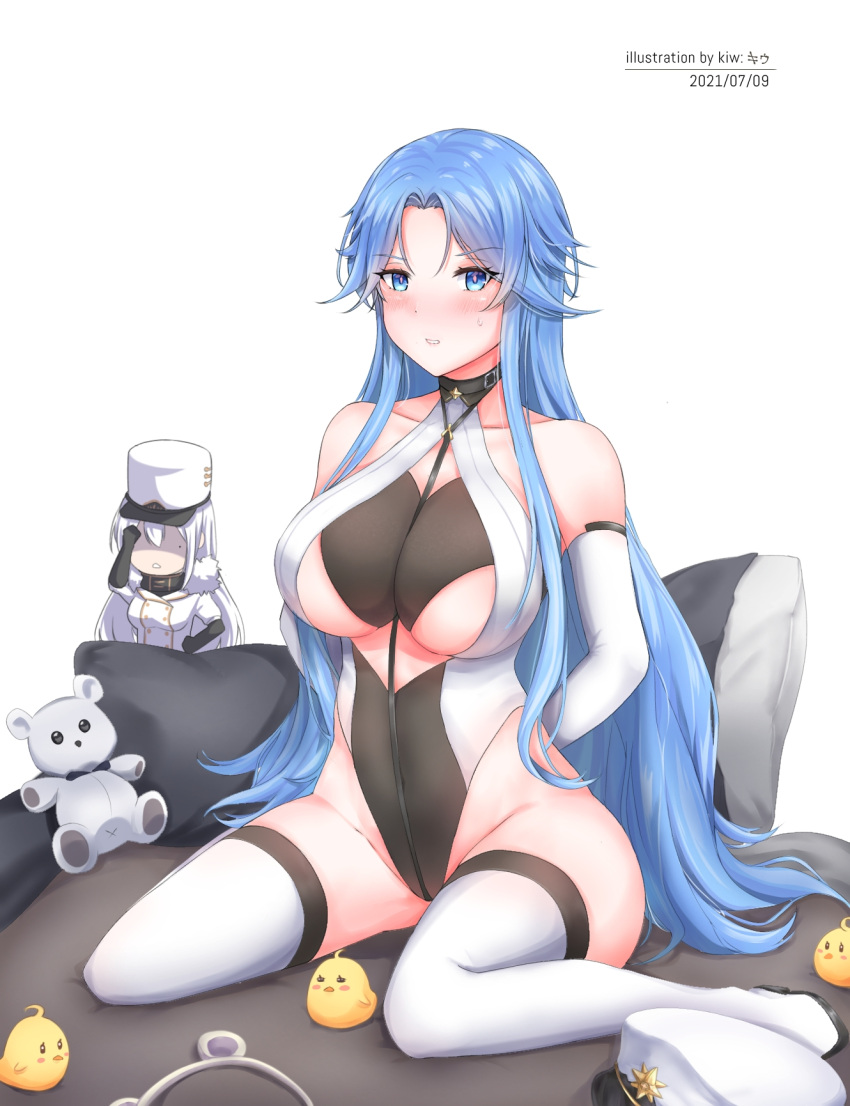 2girls, arms_behind_back, artist_name, azur_lane, bare_shoulders, black_leotard, blue_eyes, blue_hair, boots, breasts, dated, elbow_gloves, facepalm, gloves, hat, headwear_removed, highleg, highleg_leotard, highres, kiw_kiu, large_breasts, leotard, long_hair, manjuu_(azur_lane), multiple_girls, peaked_cap, pillow, shaded_face, simple_background, sitting, sovetskaya_belorussiya_(azur_lane), sovetskaya_rossiya_(azur_lane), stuffed_animal, stuffed_toy, thigh-highs, thigh_boots, two-tone_leotard, very_long_hair, wariza, white_background, white_footwear, white_gloves, white_hair, white_headwear, white_leotard