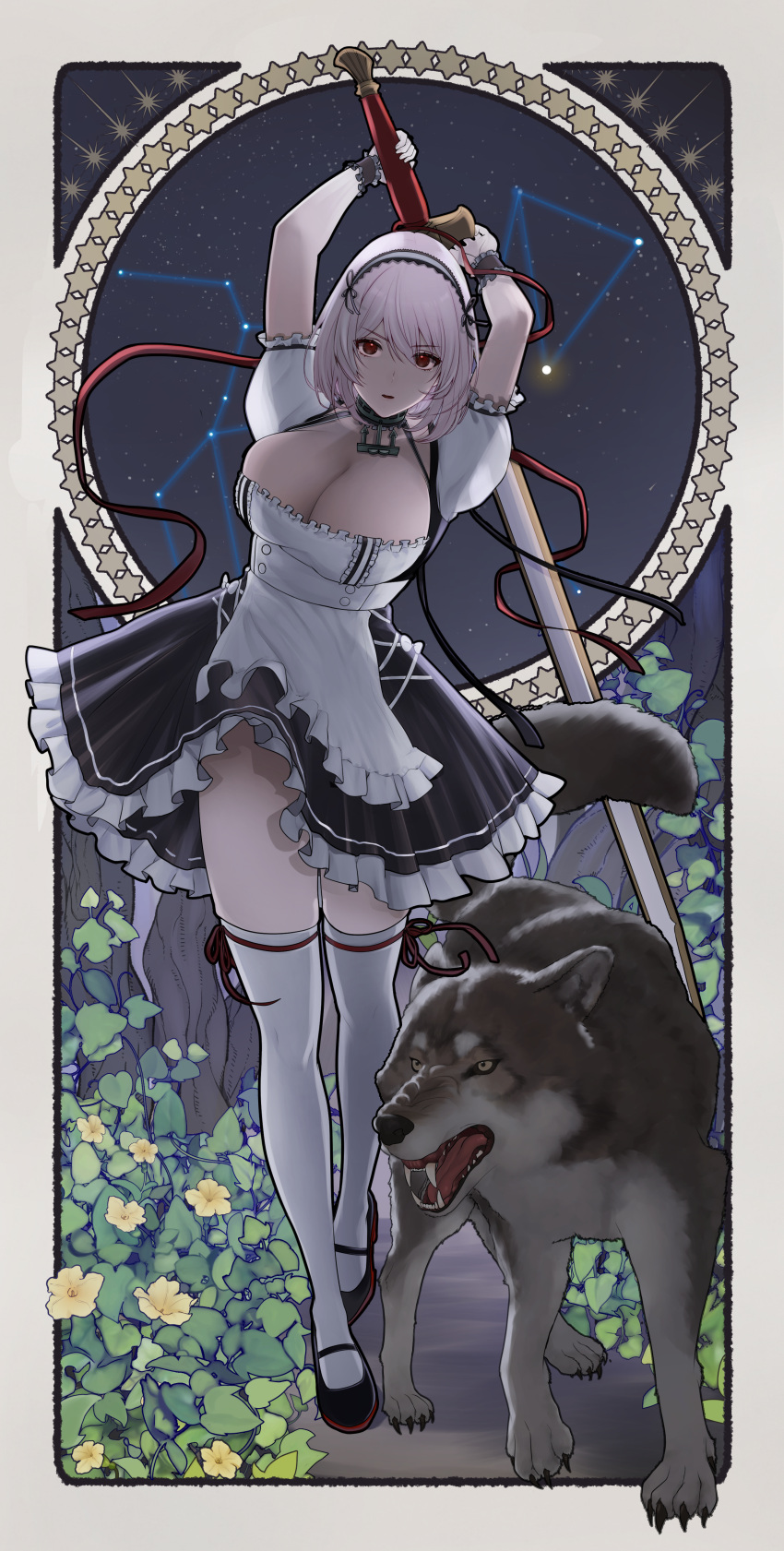 1girl, absurdres, anchor_choker, apron, azur_lane, black_dress, breasts, dress
