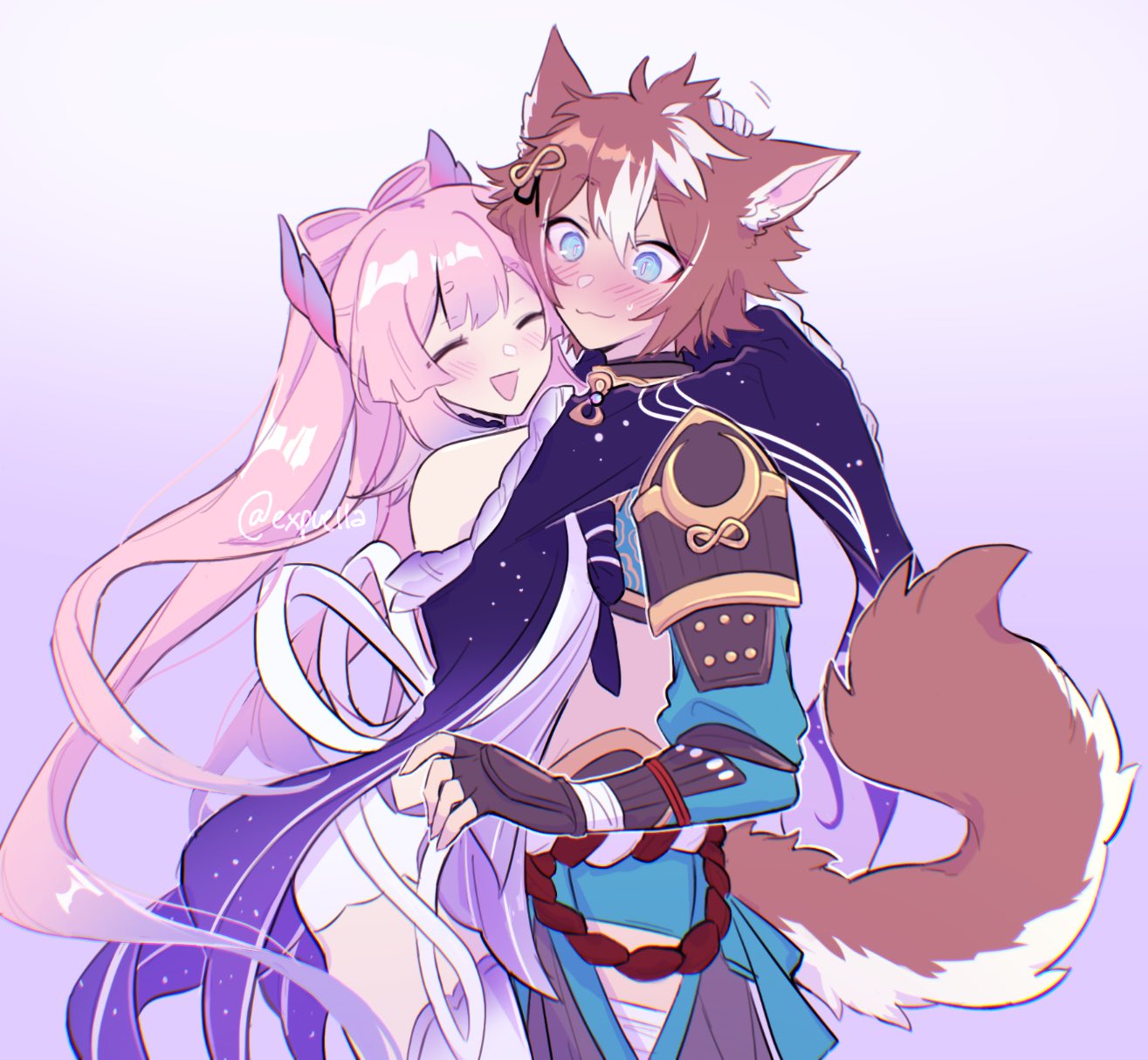 1boy, 1girl, :3, animal_ears, armor, arms_around_neck, bangs, bare_shoulders