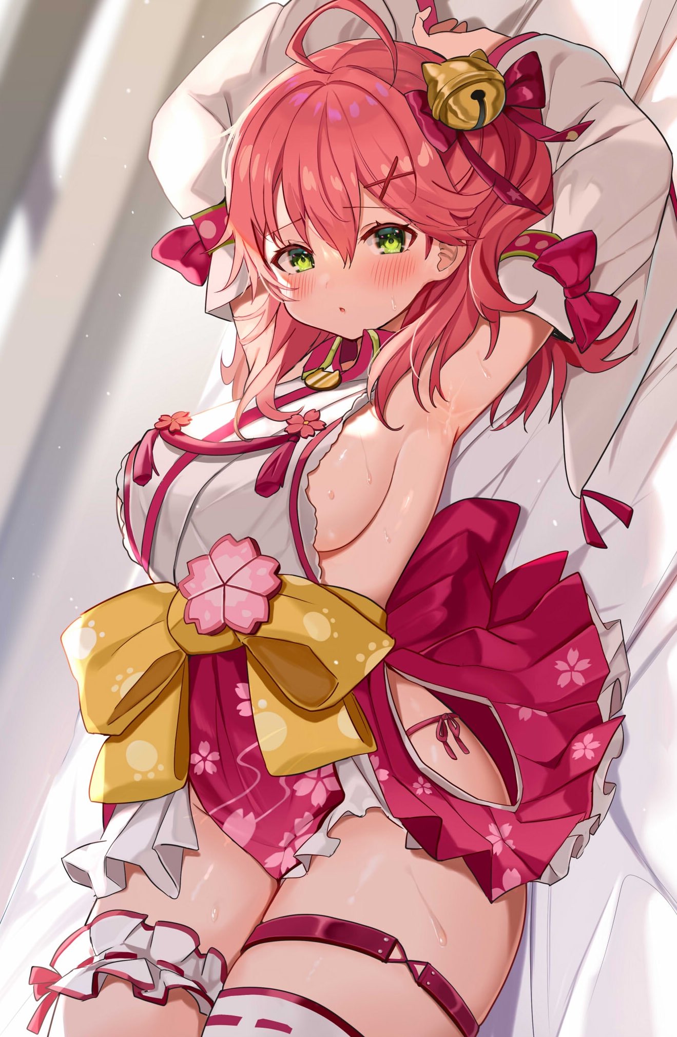 1girl, ahoge, armpits, arms_up, bare_shoulders, bell, bow, breasts