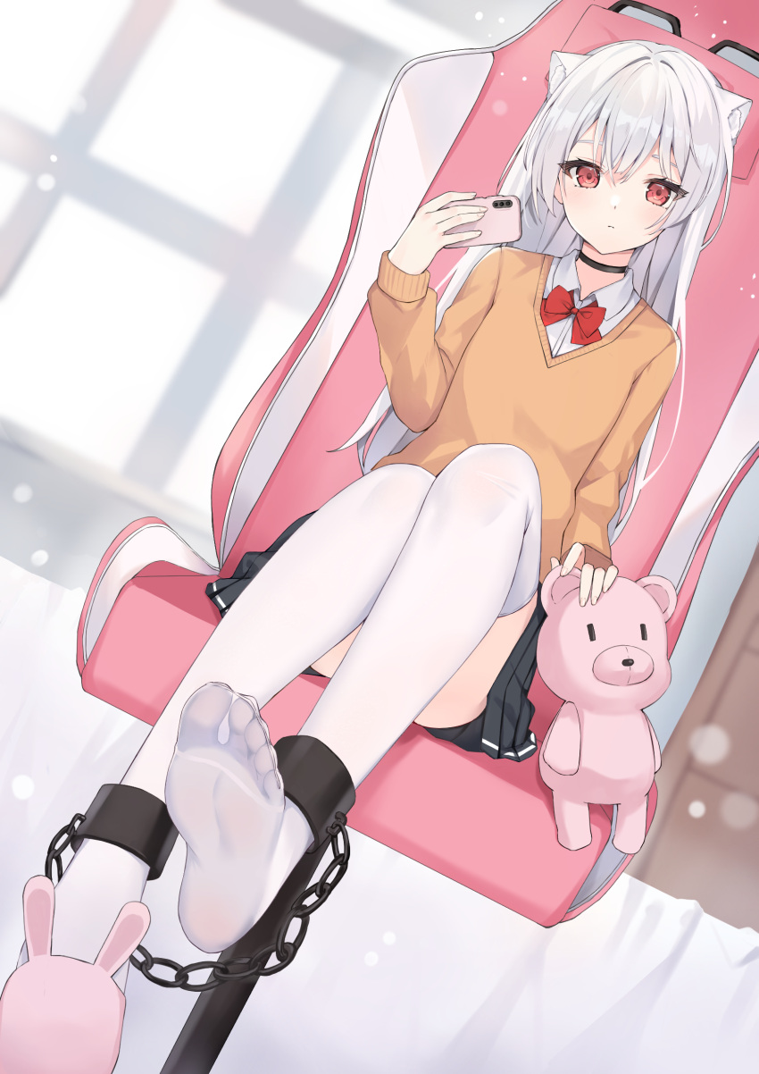 1girl, animal_ear_fluff, animal_ears, bangs, black_choker, black_skirt, bound_ankles, bow