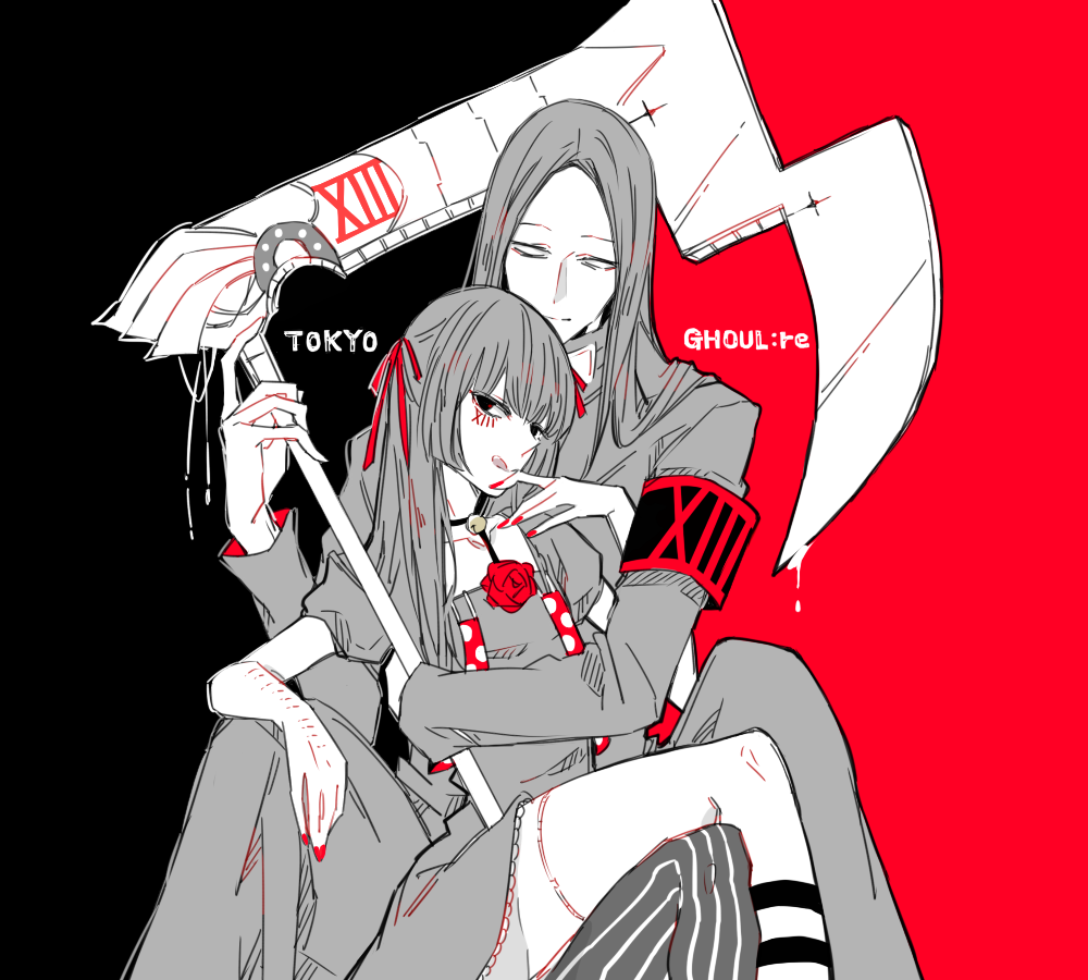 2boys, abara_hanbee, awara_kayu, bangs, black_background, blunt_bangs, commentary_request, copyright_name
