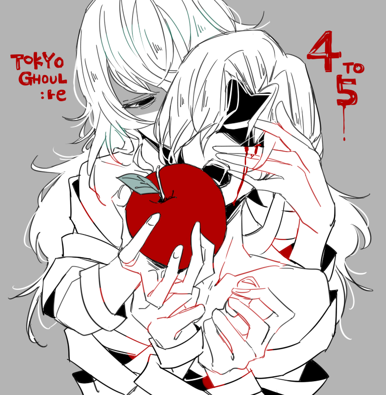 2girls, apple, awara_kayu, bangs, bare_shoulders, blood, blood_from_eyes, collarbone, commentary_request, copyright_name, eto_(tokyo_ghoul), food, fruit, grey_background, hand_on_another's_face, holding, holding_food, holding_fruit, kanae_von_rosewald, large_hands, long_hair, multiple_girls, number, open_mouth, short_hair, simple_background, spoilers, tokyo_ghoul, tokyo_ghoul:re