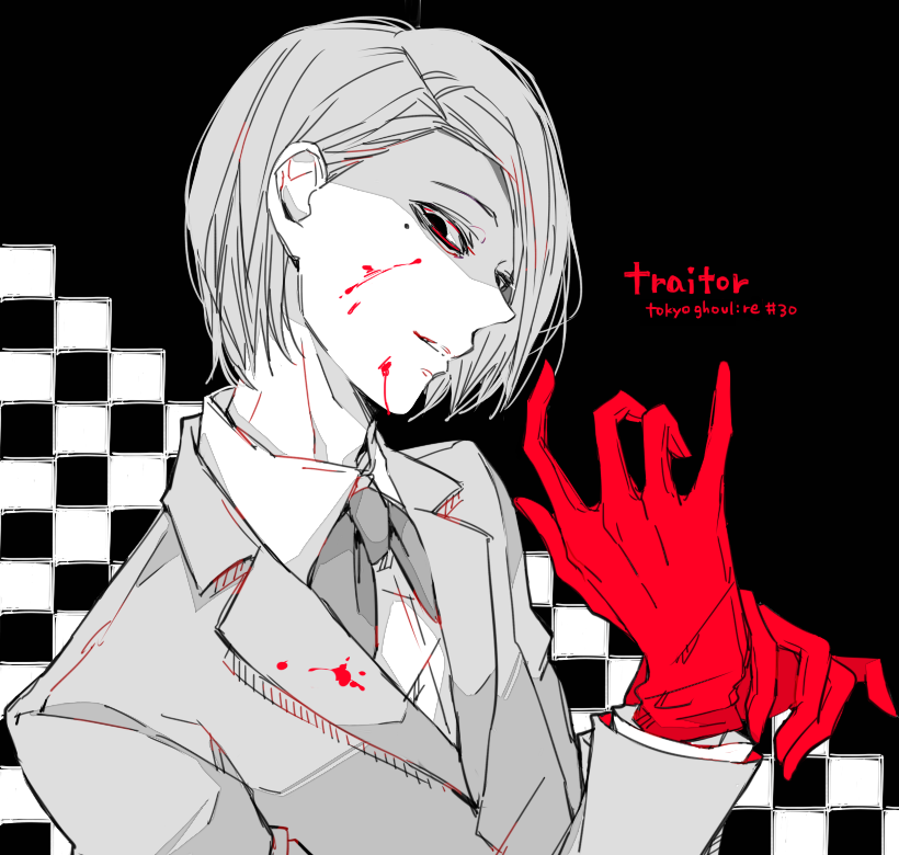 1boy, adjusting_clothes, adjusting_gloves, awara_kayu, bangs, black_background, blood, bow