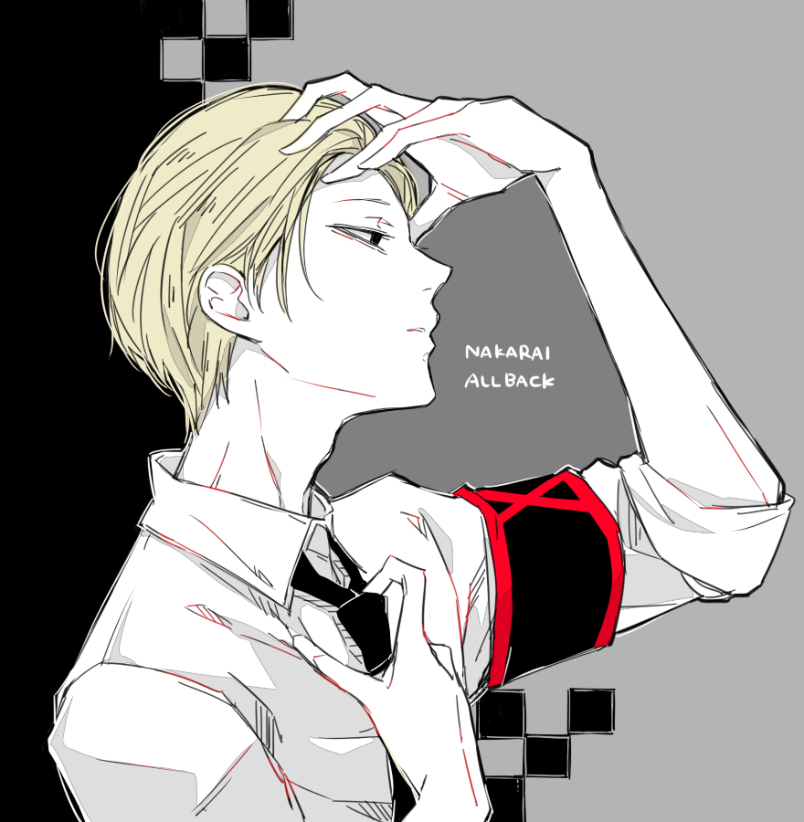 1boy, arm_up, awara_kayu, bangs, black_armband, black_background, blonde_hair, closed_mouth