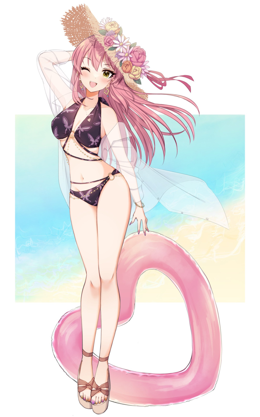 1girl, absurdres, bracelet, earrings, flower, full_body, hat, hat_flower, highres, idolmaster, idolmaster_cinderella_girls, jewelry, jougasaki_mika, long_hair, nail_polish, necklace, neru5, pink_hair, pink_nails, solo, swimsuit, yellow_eyes