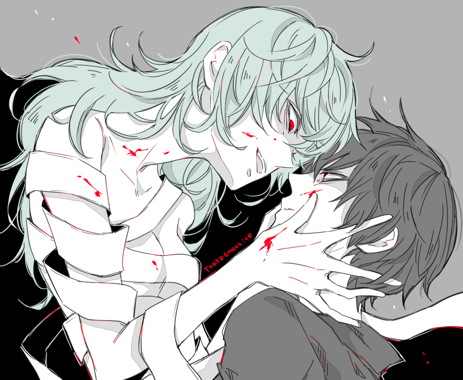 1boy, 1girl, awara_kayu, bandages, black_background, black_reaper, blood, blood_on_face, collarbone, commentary_request, copyright_name, eto_(tokyo_ghoul), eye_contact, face-to-face, grey_background, hand_on_another's_face, kaneki_ken, long_hair, long_neck, looking_at_another, open_mouth, red_eyes, short_hair, simple_background, tokyo_ghoul, tokyo_ghoul:re, upper_body, upper_teeth