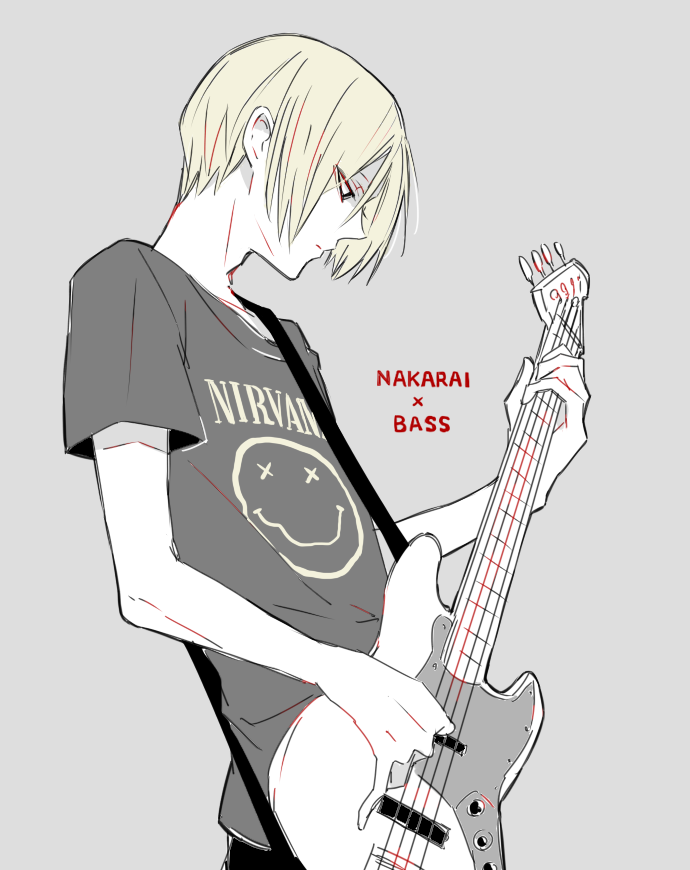 1boy, awara_kayu, bangs, bass_guitar, blonde_hair, commentary_request, cowboy_shot, from_side