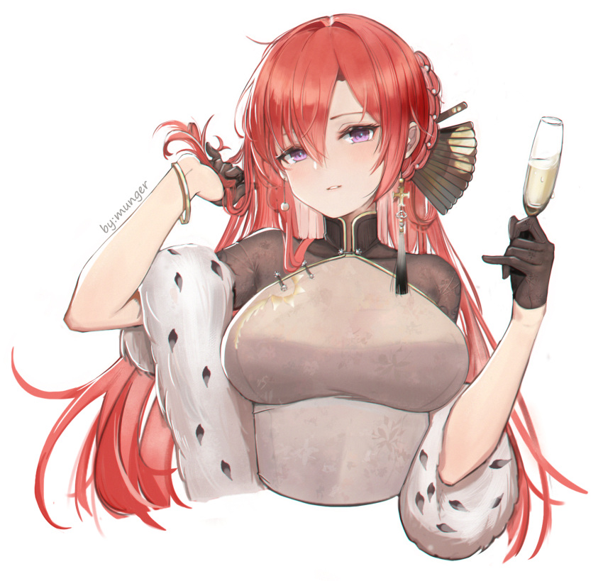 1girl, azur_lane, black_gloves, braid, breasts, champagne_flute, china_dress, chinese_clothes