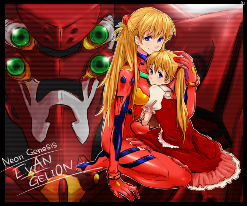 blue_eyes, child, dress, dual_persona, eva_02, hug, kurok0, long_hair